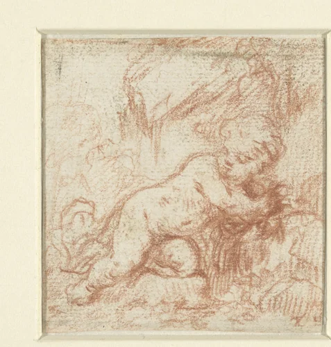 Putto in landschap by anonymous, drawing, 1700-1800