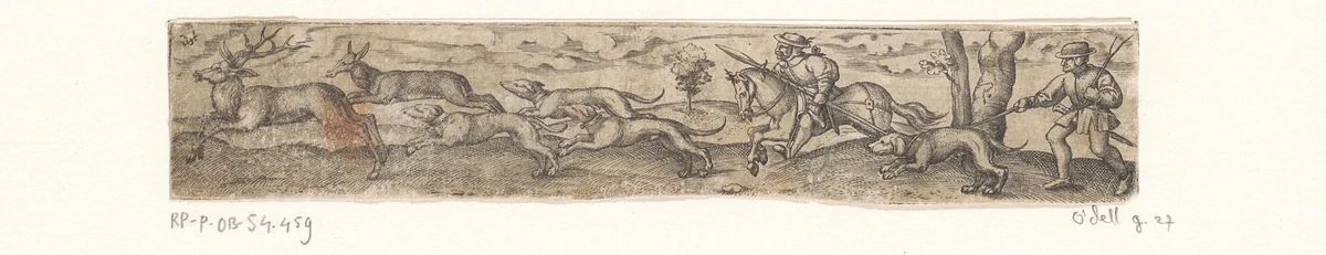 Hertenjacht met twee jagers en vier honden by Unknown, print, 1524-1562