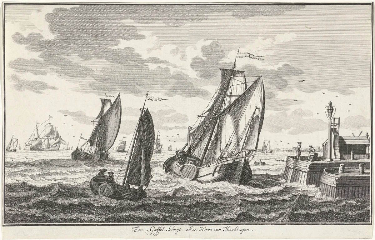 Zeilschepen nabij een haven by Adolf van der Laan, print, 1728-1761
