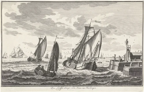 Zeilschepen nabij een haven by Adolf van der Laan, print, 1728-1761