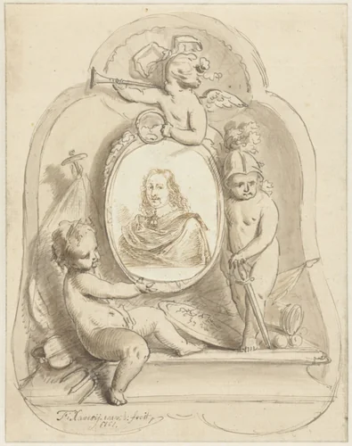 Portretmedaillon omringd door putti by Franciscus Xaverius Xavery, drawing, 1761