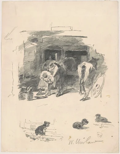 Men Shoeing a Horse by Walter Shirlaw, drawing, 1870-1899