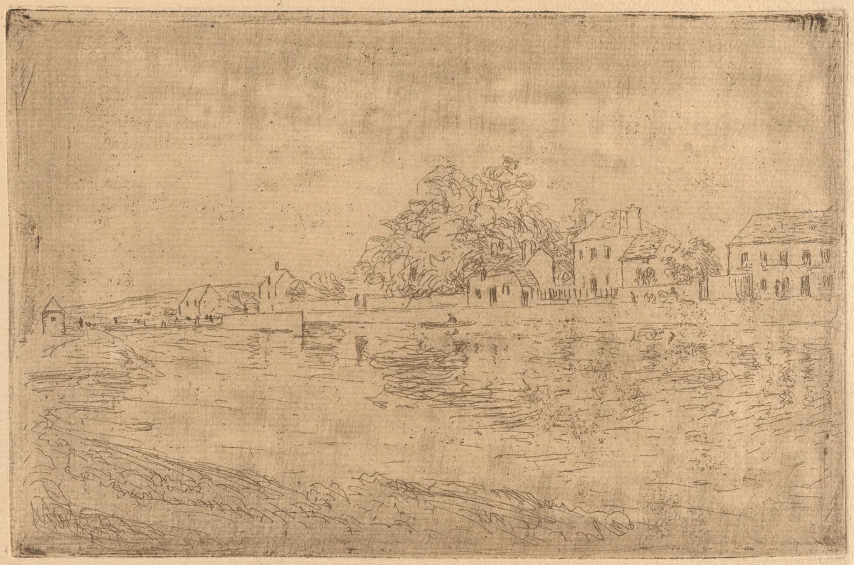 On the Banks of the Loing: Houses by the Water by Alfred Sisley, print, 1890