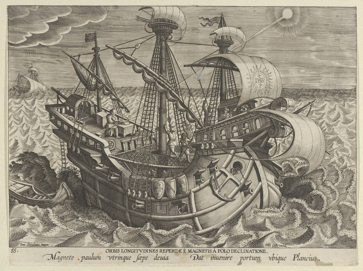 New Inventions of Modern Times [Nova Reperta], The Discovery of the Establishment of the Longitudes, plate 16 by Jan Collaert, print, 1595-1605