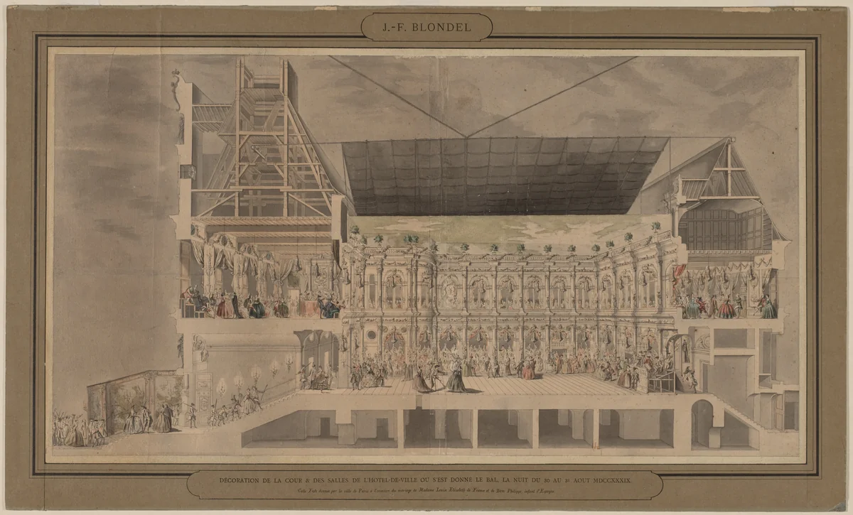 Cross Section of the Hôtel de Ville Seen in Perspective Showing the Decoration and Illumination of the Courtyard and Rooms Created on the Occasion of the Ball Given the Night of August 30 and 31, 1739 by Jacques François Blondel, drawing, 1739-1740