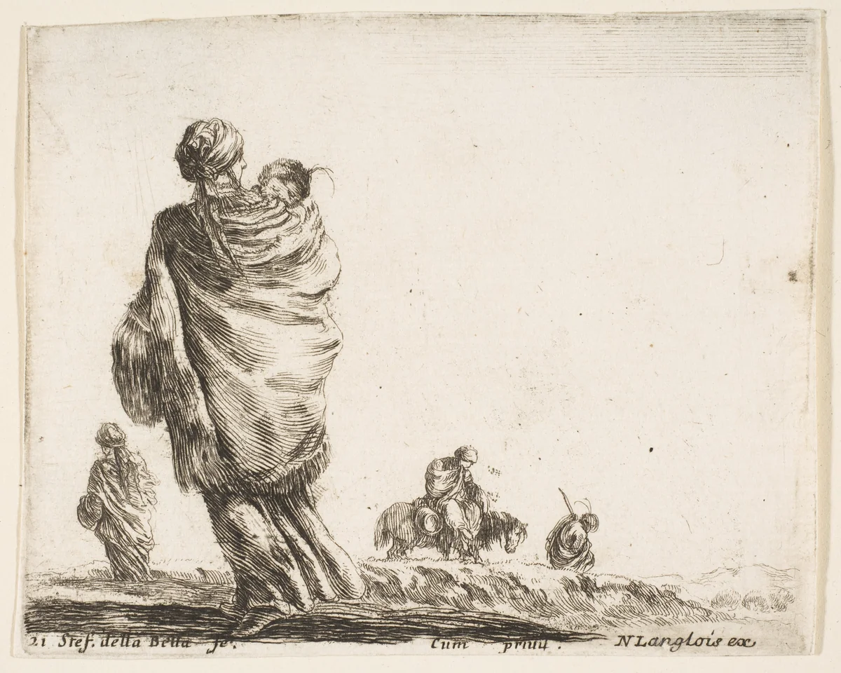 A poor woman to left, seen from behind, enveloping her child in a shawl, another woman seen from behind to left in background, a woman atop a horse and a man to right in background, plate 21 from "Diversi capricci" by Stefano della Bella, print, 1639-1649