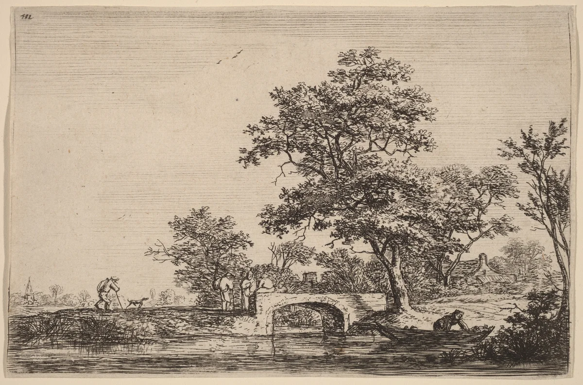 Four Men on a Stone Bridge by Anthonie Waterloo, print, 1609-1690