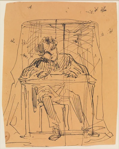 Man at Table beneath Mosquito Net (from Sketchbook) by James McNeill Whistler, artwork, 1854-1855