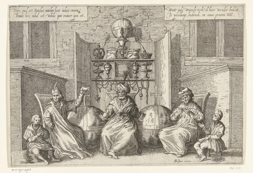Man trekt loten uit twee globes en reikt ze uit aan twee machtige mannen by Boëtius Adamsz. Bolswert, print, 1590-1633