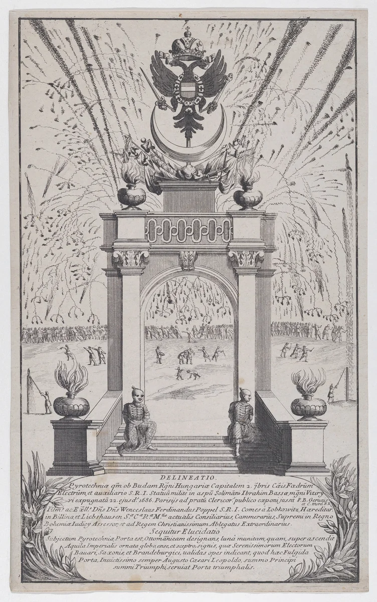 Fireworks and triumphal arch erected in Buda to celebrate the expulsion of the Turks, September 1686 by anonymous, print, 1686