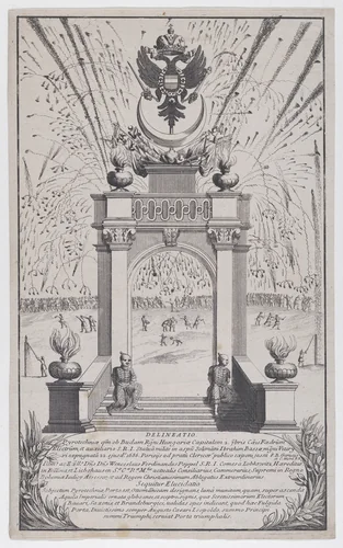 Fireworks and triumphal arch erected in Buda to celebrate the expulsion of the Turks, September 1686 by anonymous, print, 1686