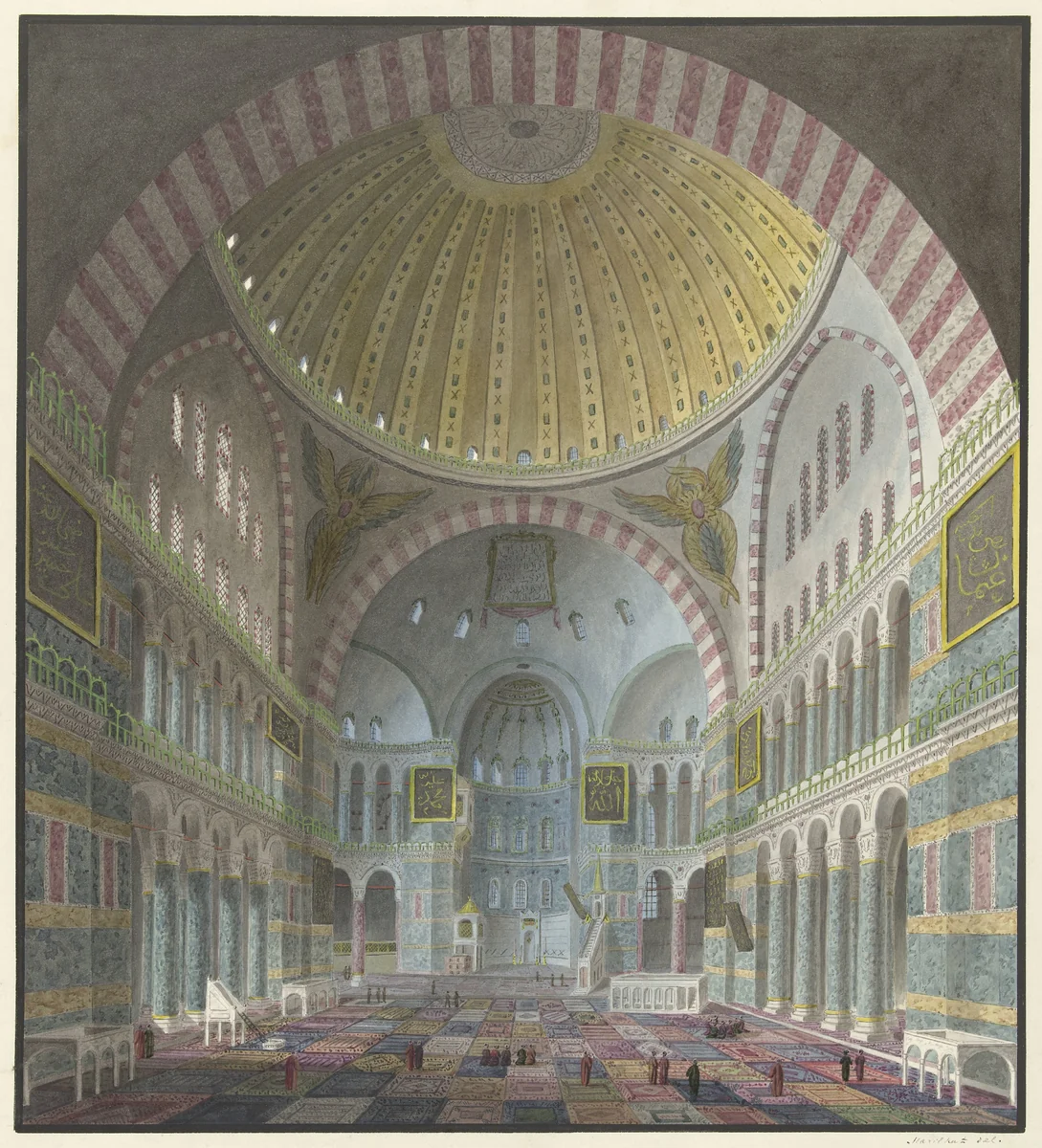 Interieur van de Aya Sophia met geknielde en staande Turken by George Antoine Prosper Marilhat, drawing, 1821-1847