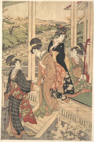 Group of Women on the Engawa of a Country House, in the time of the Cherry Blossoming by Utamaro II, print, 1796-1816