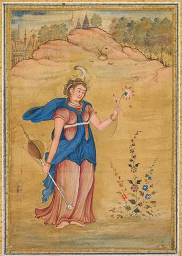 A female figure standing in a landscape holding a four-stringed “khuuchir” and a lotus by Unknown, painting, 1585-1595