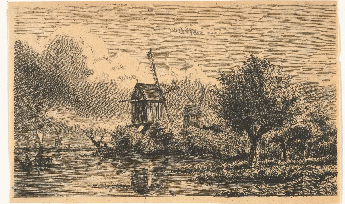 Twee molens aan het water by Adrianus van Everdingen, print, 1842-1882