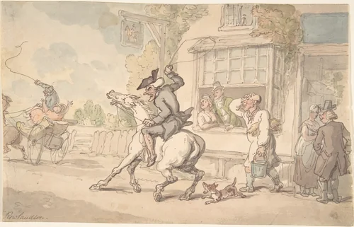 Dr. Syntax with a Balky Horse Before an Inn by Thomas Rowlandson, drawing, 1770-1827