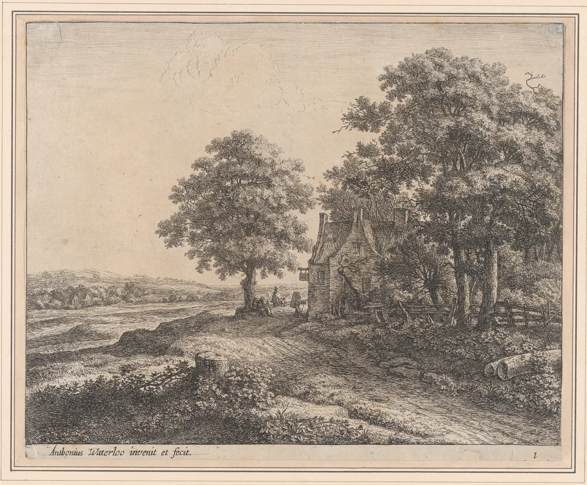 A Large Linden Tree Before an Inn by Anthonie Waterloo, print, 1620-1690