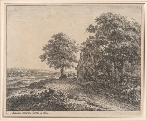 A Large Linden Tree Before an Inn by Anthonie Waterloo, print, 1620-1690