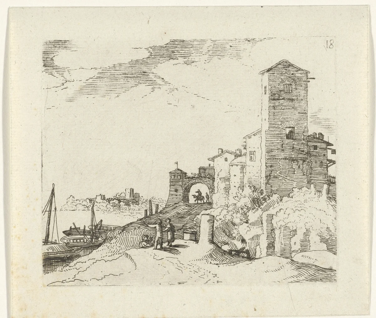 Toren en poort aan de kust by Guilliam van Nieulandt, print, 1594-1618