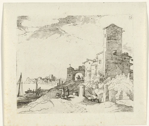 Toren en poort aan de kust by Guilliam van Nieulandt, print, 1594-1618