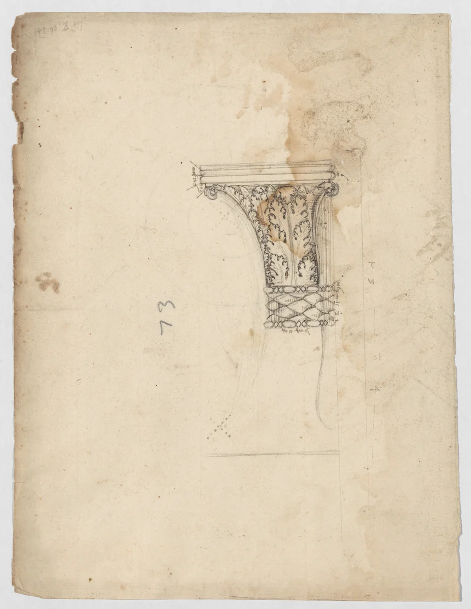 S. Maria in Trastevere, Ionic capital, side elevation (recto); Unidentified, Ionic capital volute, construction diagram (verso) by anonymous, drawing, 1500-1560