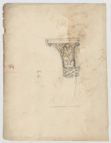 S. Maria in Trastevere, Ionic capital, side elevation (recto); Unidentified, Ionic capital volute, construction diagram (verso) by anonymous, drawing, 1500-1560