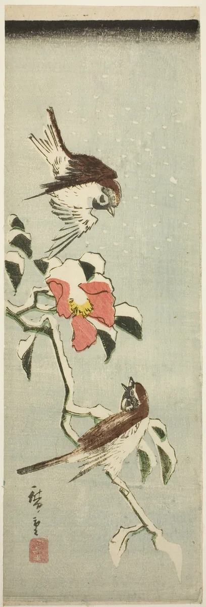 Sparrows and camellia in snow by Utagawa Hiroshige (歌川広重), print, 1840-1849