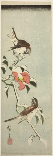 Sparrows and camellia in snow by Utagawa Hiroshige (歌川広重), print, 1840-1849