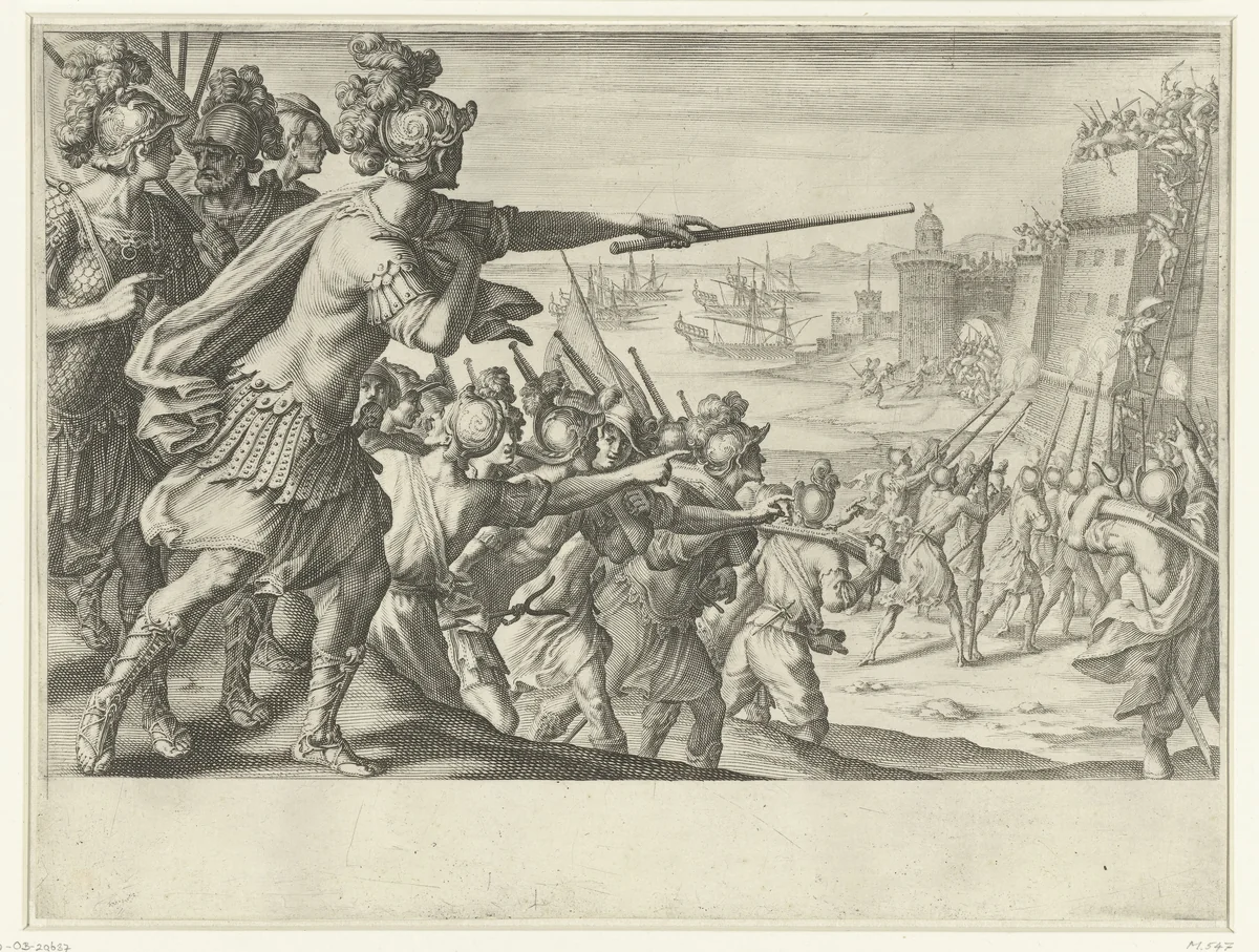Aanval van de troepen van Ferdinando I de' Medici op de stad Preveza in Albanië by Jacques Callot, print, 1614-1620