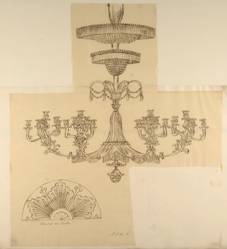 Designs for a Chandelier and a Plaster Mount by anonymous, drawing, 1800-1899