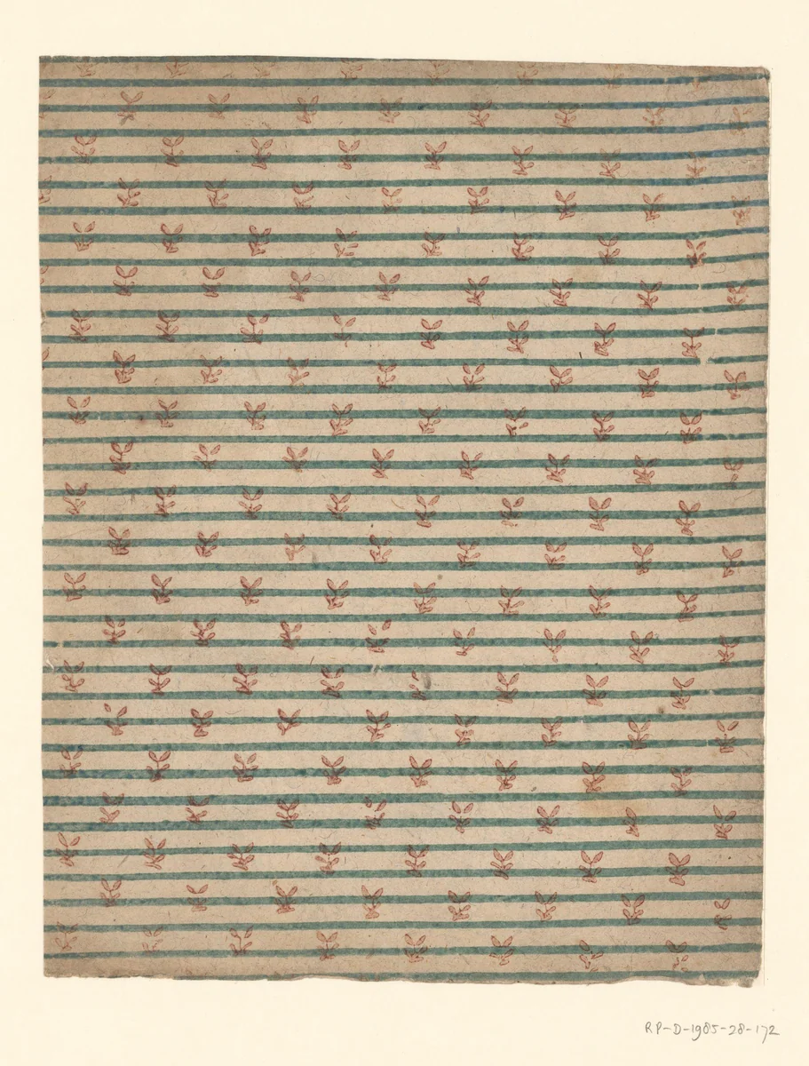 Blad met strooipatroon van takje op lijnenfond by anonymous, other, 1750-1900