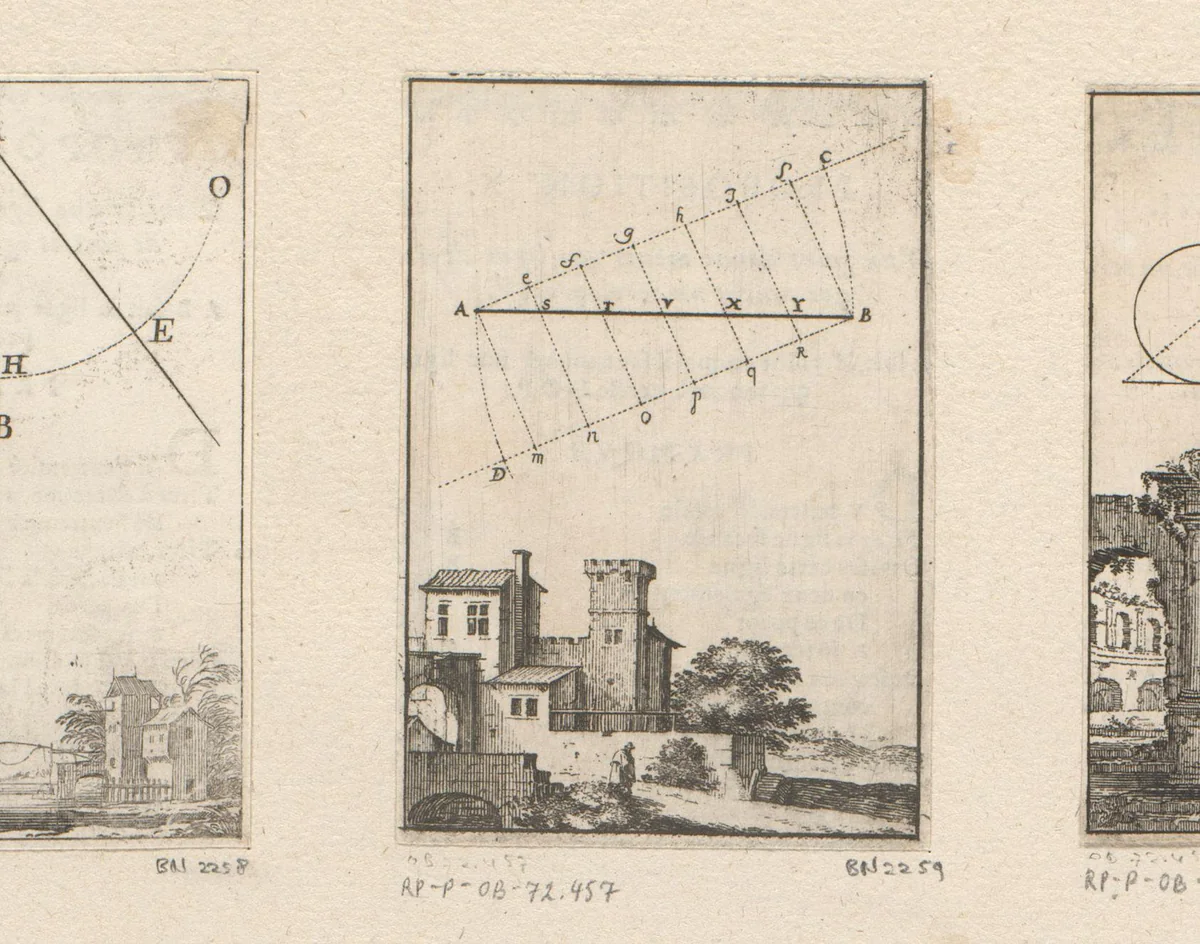 Verdeling van een rechte lijn met onderaan gezicht op een huis en kasteel by Sébastien Leclerc, print, 1669