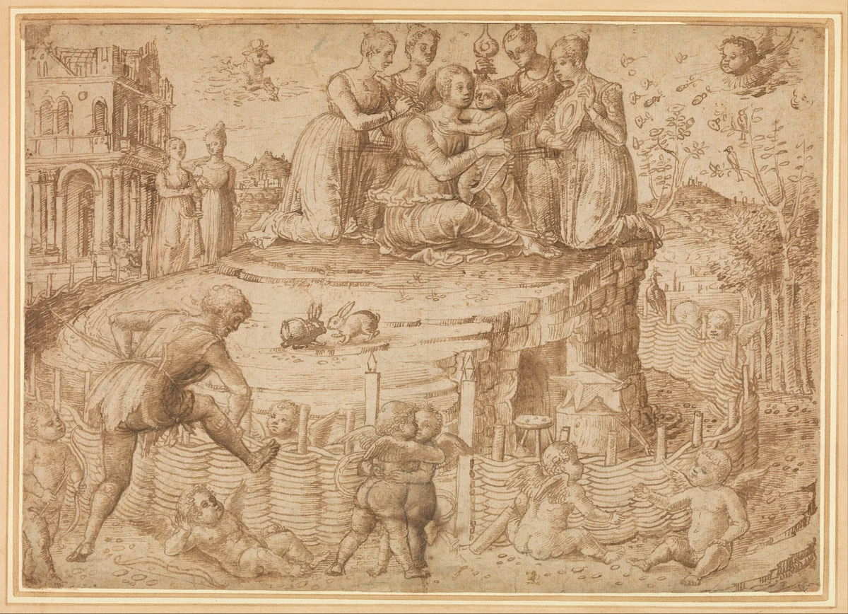 Vulcan Building a Fence Around the Mount of Venus by Giovanni Bellini, drawing, 1471-1500