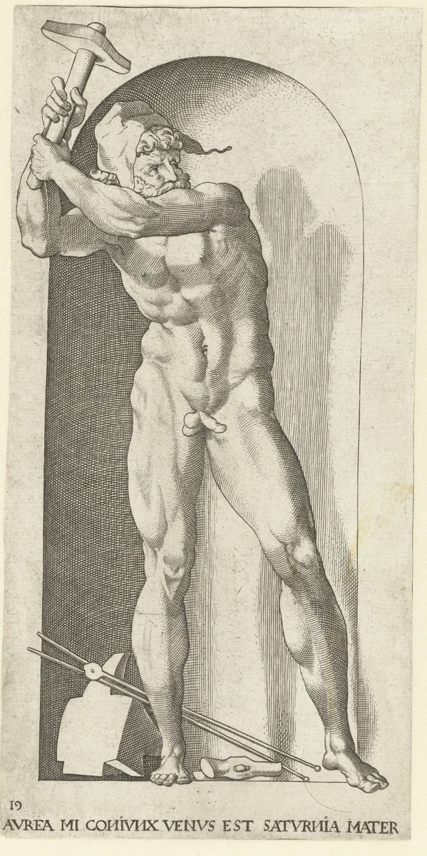 Vulcanus met hamers en aambeeld by Jacob Binck, print, 1530