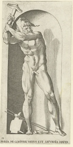 Vulcanus met hamers en aambeeld by Jacob Binck, print, 1530