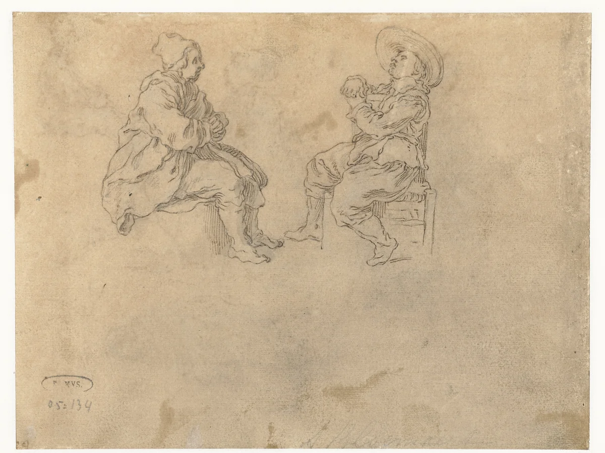 Twee zittende jongens by Abraham Bloemaert, drawing, 1625-1629