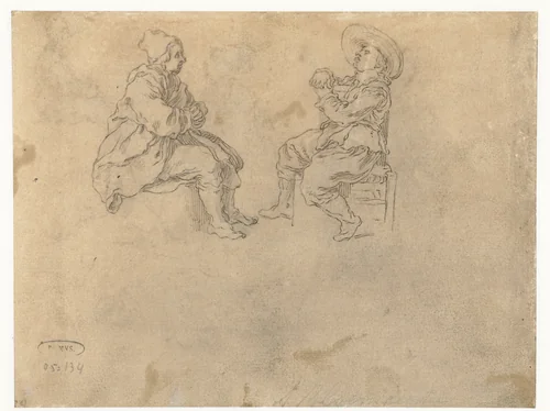 Twee zittende jongens by Abraham Bloemaert, drawing, 1625-1629