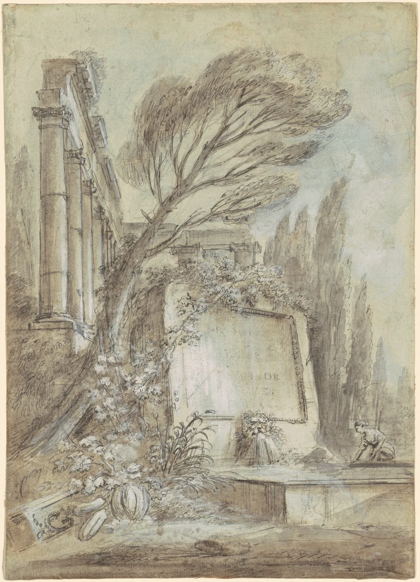 Architectural Fantasy of Roman Ruins with an Inscription Plaque by Jean Baptiste Lallemand, drawing, 1763-1773