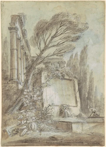 Architectural Fantasy of Roman Ruins with an Inscription Plaque by Jean Baptiste Lallemand, drawing, 1763-1773