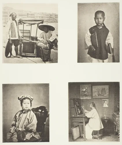 A Hong-Kong Sedan Chair; A Chineses School-Boy; A Chinese Girl; A Hong-Kong Artist by John Thomson, photograph, 1863-1873