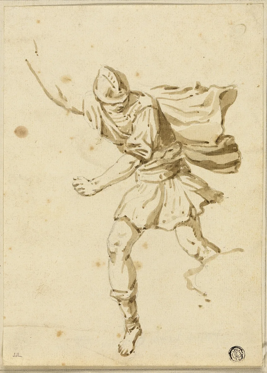 Running Roman Warrior, Pointing Upwards with Right Hand by Philippe Parizeau, drawing, 1760-1801