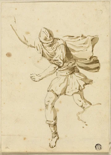 Running Roman Warrior, Pointing Upwards with Right Hand by Philippe Parizeau, drawing, 1760-1801