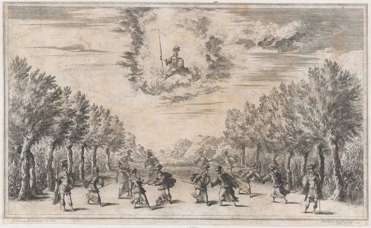 Marsh of Triton; figures battling as Minerva looks on from above; set design from 'Il Pomo D'Oro' by Mathäus Küsel, print, 1668