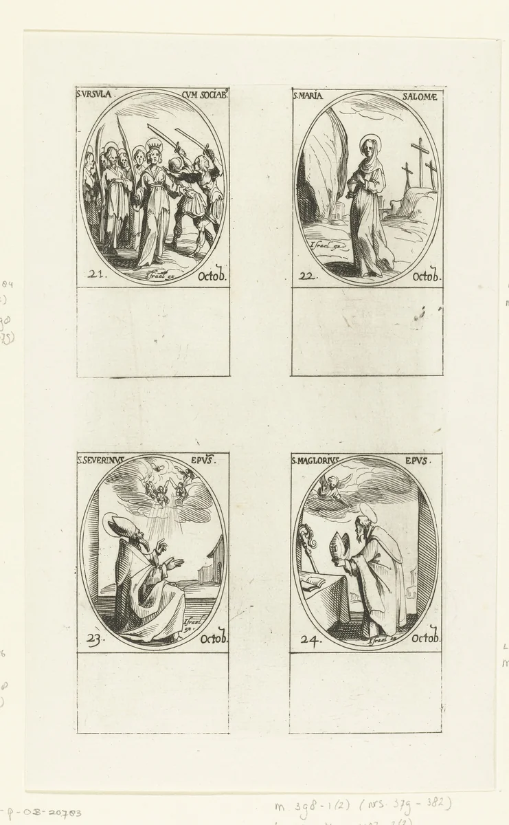 Heilige Ursula van Keulen en gezellen, Heilige Maria Salome, Heilige Severinus van Keulen, Heilige Maglorius van Dol (21-24 oktober) by Jacques Callot, print, 1632-1636