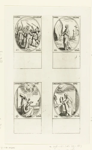 Heilige Ursula van Keulen en gezellen, Heilige Maria Salome, Heilige Severinus van Keulen, Heilige Maglorius van Dol (21-24 oktober) by Jacques Callot, print, 1632-1636