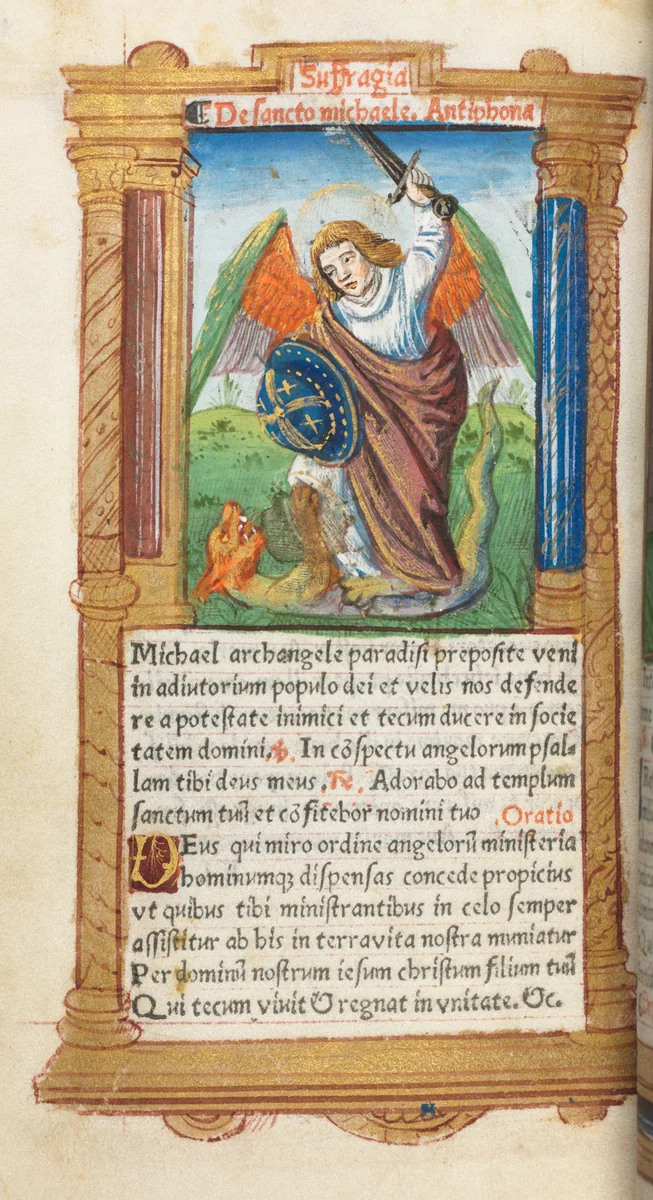 Printed Book of Hours (Use of Rome): fol. 97v, St. Michael the Archangel by Guillaume Le Rouge, book, 1510