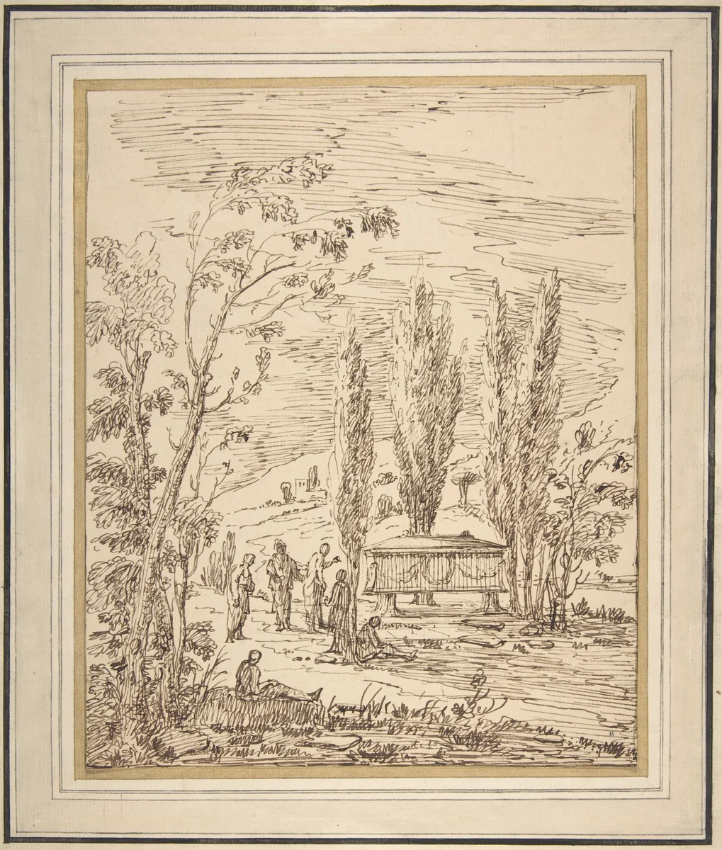 Landscape with Figures near a Tomb by Gian Antonio Burrini, drawing, 1656-1727
