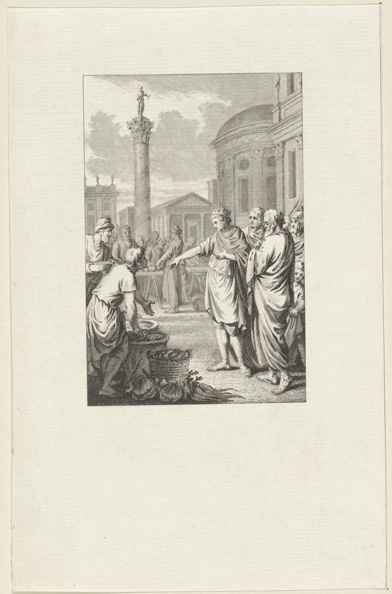 Theophilos van Byzantium op een markt in Constantinopel by Reinier Vinkeles, print, 1782