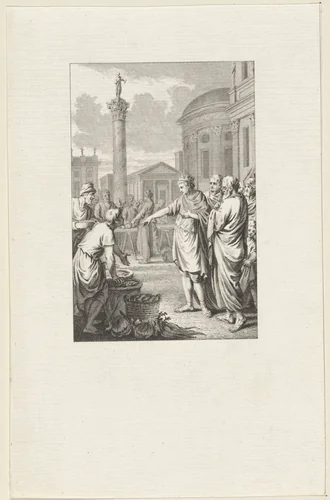 Theophilos van Byzantium op een markt in Constantinopel by Reinier Vinkeles, print, 1782