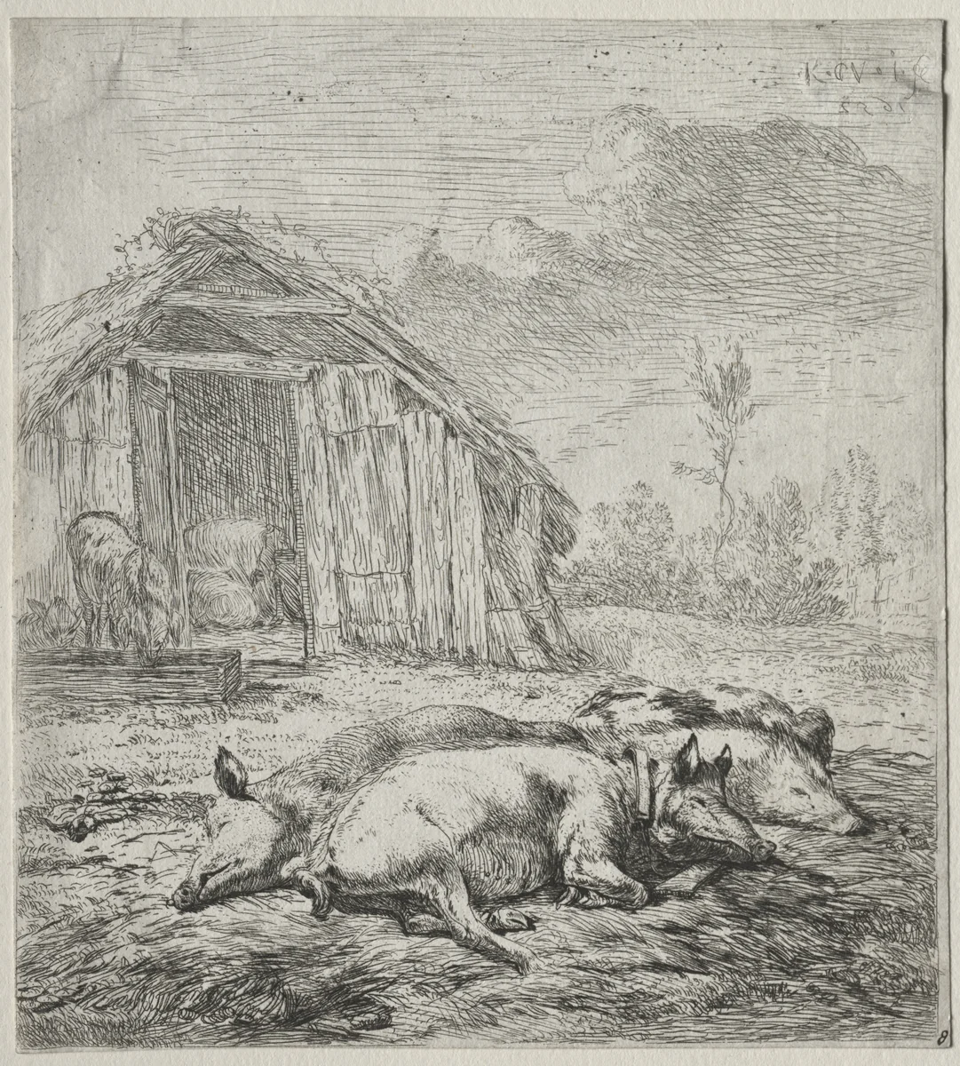 Three Swine Lying in Front of a Sty by Karel Dujardin, print, 1647-1657